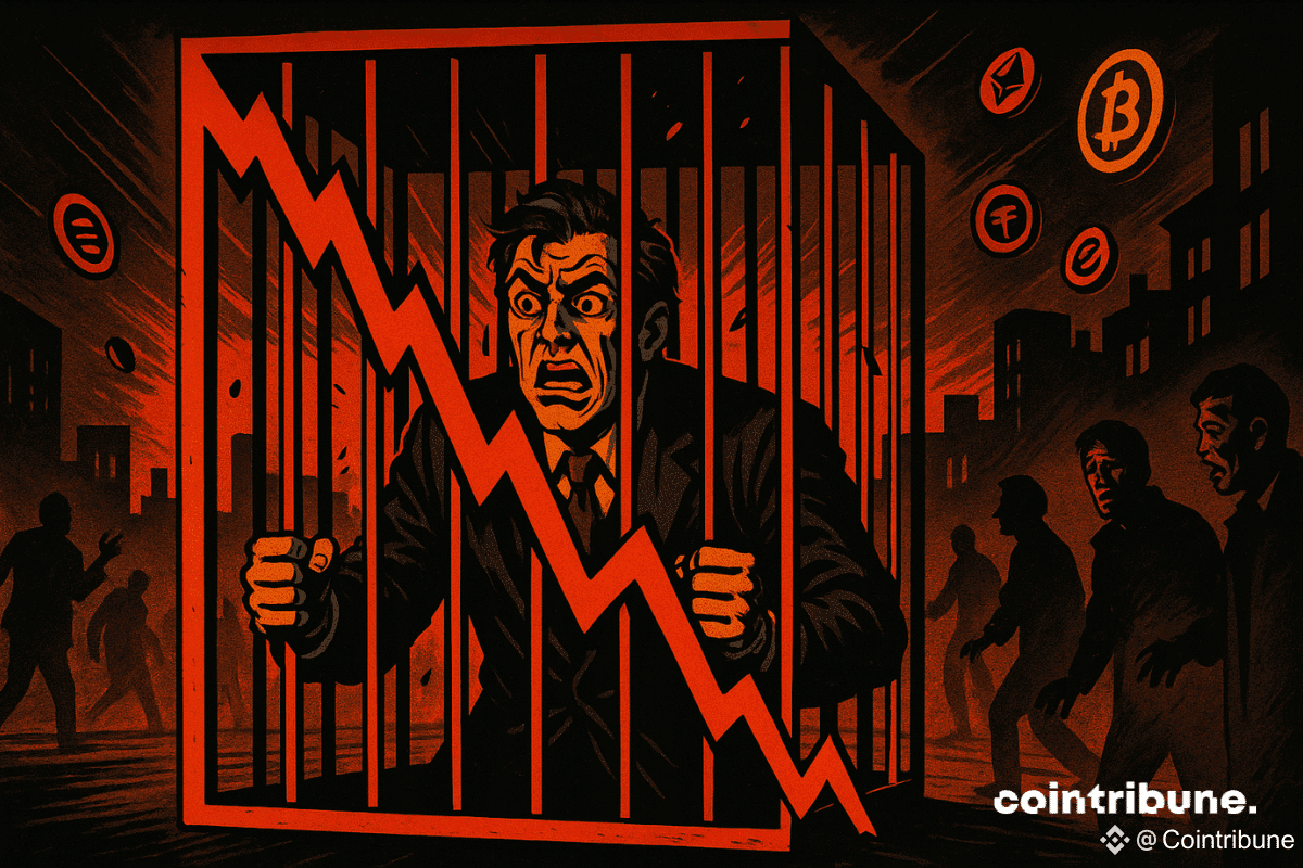 Une cage imposante composée de barres stylisées en graphiques rouges. Un investisseur crypto est enfermé à l’intérieur, symbolisant l’emprisonnement dans la peur du marché.