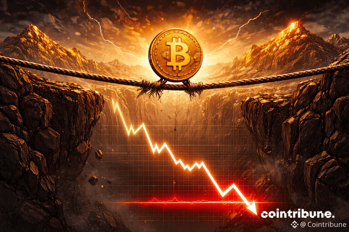 Un Bitcoin minuscule en équilibre instable sur un fil tendu au-dessus d’un canyon. En dessous, le RSI est stylisé comme une jauge en chute.