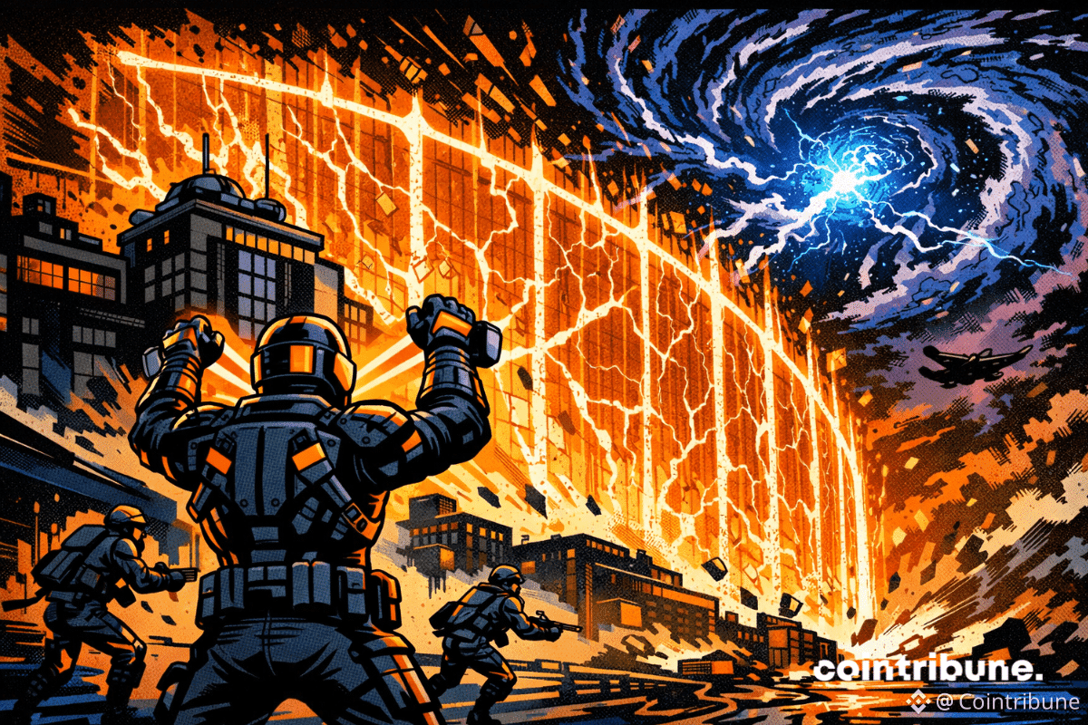 Des soldats futuristes déploient un bouclier orange lumineux pour bloquer une tempête quantique qui menace la ville.