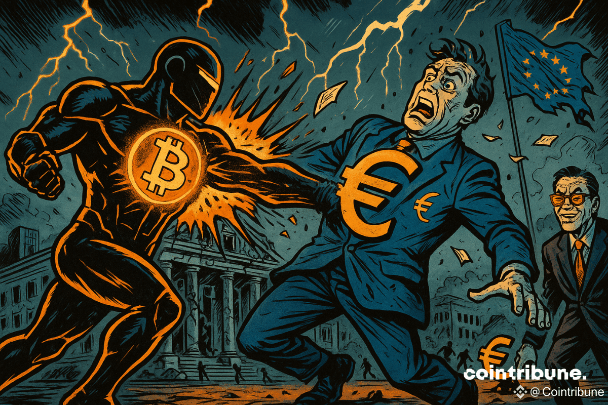 Un duel monétaire entre le Bitcoin et l’euro sur une grande place de Francfort devant un bâtiment inspiré de la Banque centrale européenne.