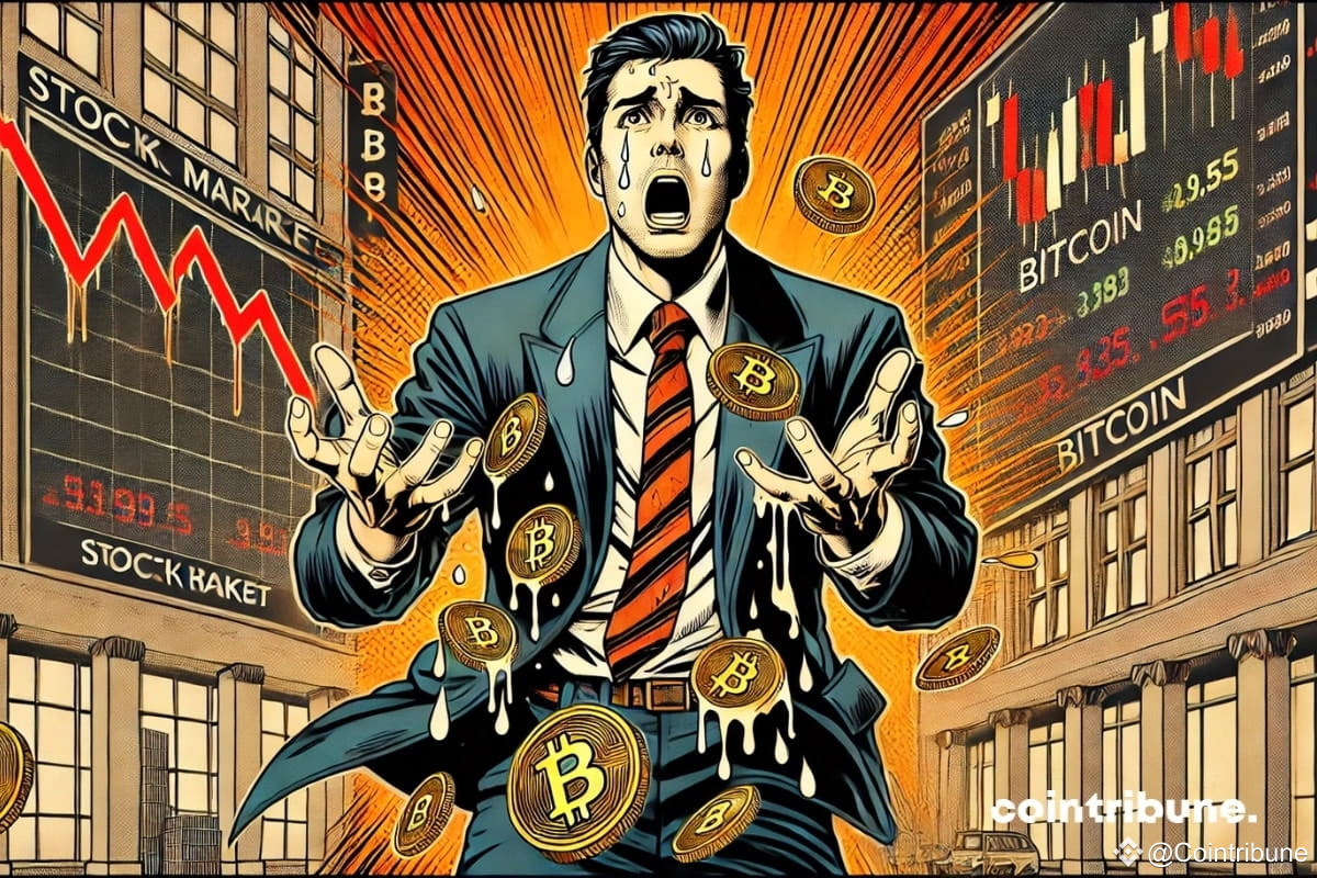 Un institutionnel qui assiste à l’effondrement des marchés avec de la crypto bitcoin en main.