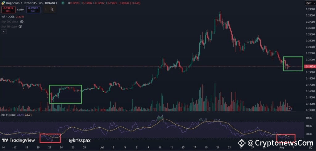 DOGE/USDT 4-hour chart, RSI Breaches oversold threshold for the first time since June. Source: X, @Krisspax.