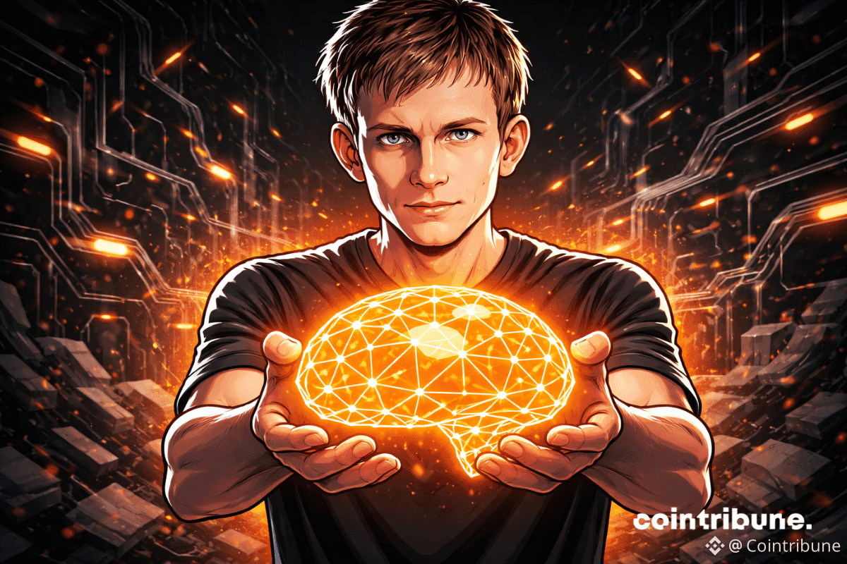 Une illustration de style bande dessinée montre Vitalik Buterin tenant un cerveau géométrique orange lumineux sur un fond sombre rempli de circuits.