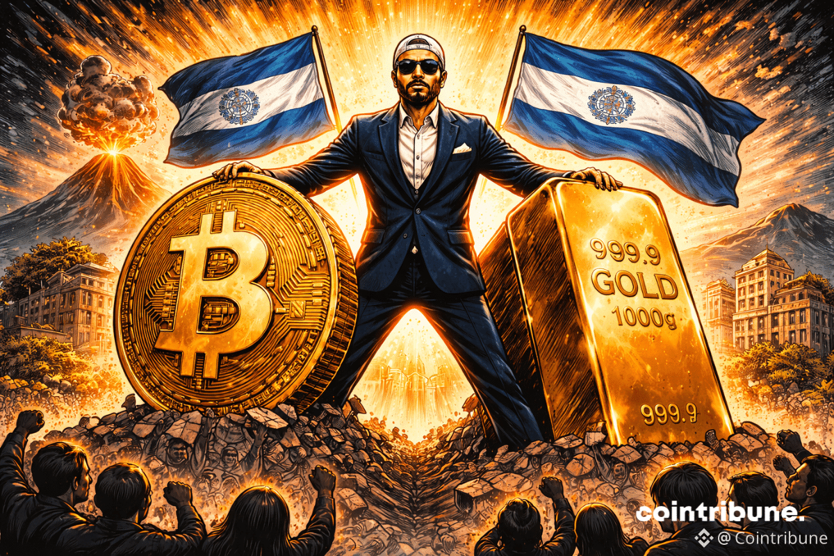 Deux statues géantes, or et bitcoin, s’élèvent devant San Salvador, portées par Bukele sous un ciel volcanique et lumineux.