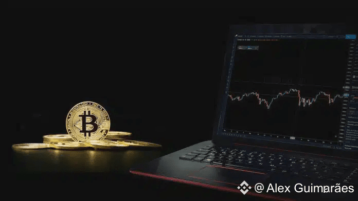 Monte de bitcoin sobre mesa ao lado de notebook