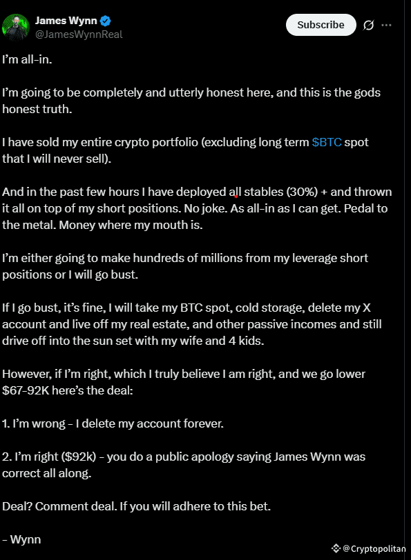 James Wynn goes all-in on shorting the market, admits he risks going bust.