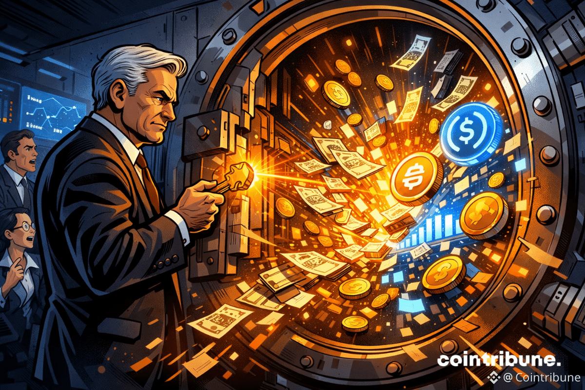 Un banquier ouvre un coffre-fort lumineux alors que les billets de banque se transforment en stablecoins et en actifs numériques.