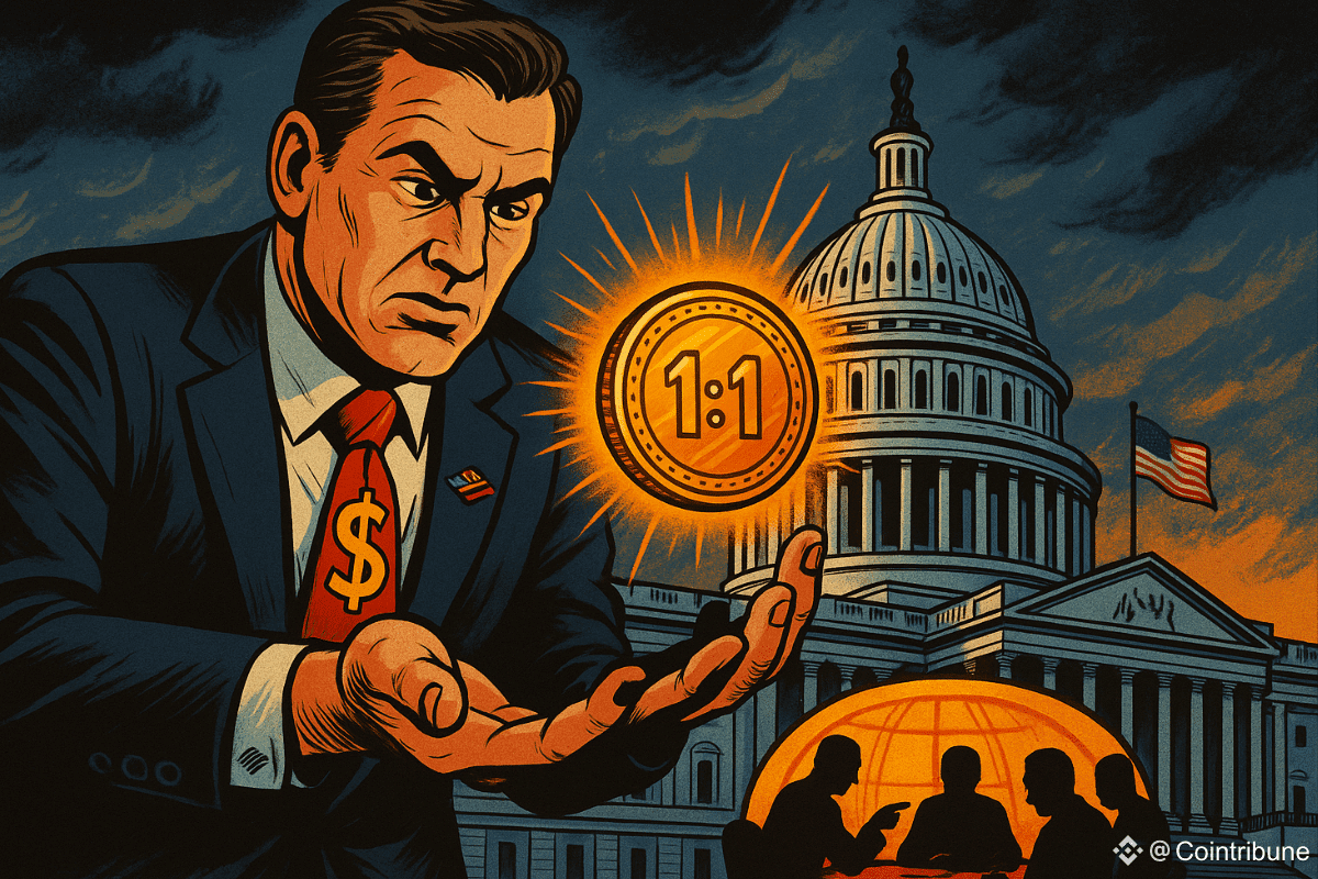 Un homme d'affaires tenant un Stablecoin devant le Capitole américain.