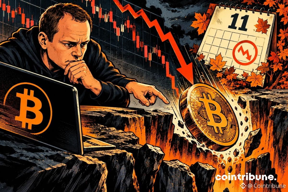 La scène illustre les prévisions pessimistes de Benjamin Cowen, qui anticipe un nouveau creux du Bitcoin en novembre. Au premier plan, l’analyste apparaît concentré et inquiet, observant une gigantesque pièce Bitcoin basculer dans un gouffre financier. La flèche rouge descendante et les graphiques baissiers symbolisent le risque d’une nouvelle correction du marché. À droite, le calendrier affichant 11 et les feuilles d’automne évoquent le mois de novembre, période ciblée par cette prévision. Les couleurs orange et noir renforcent la tension dramatique. L’ensemble souligne l’incertitude entourant Bitcoin, sans présenter cette baisse anticipée comme une certitude.