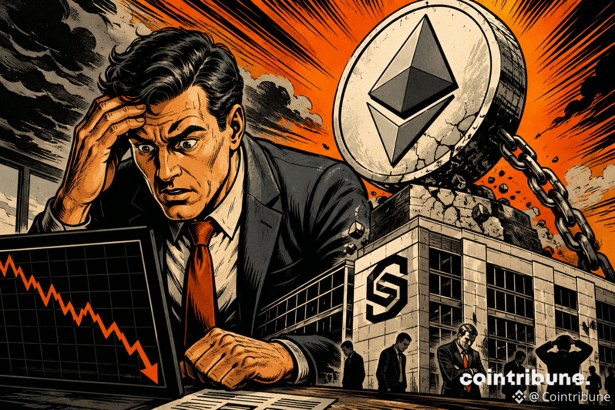 SharpLink sous pression après une lourde perte liée à la baisse d’Ethereum, avec un graphique en recul et le siège de l’entreprise en arrière-plan.