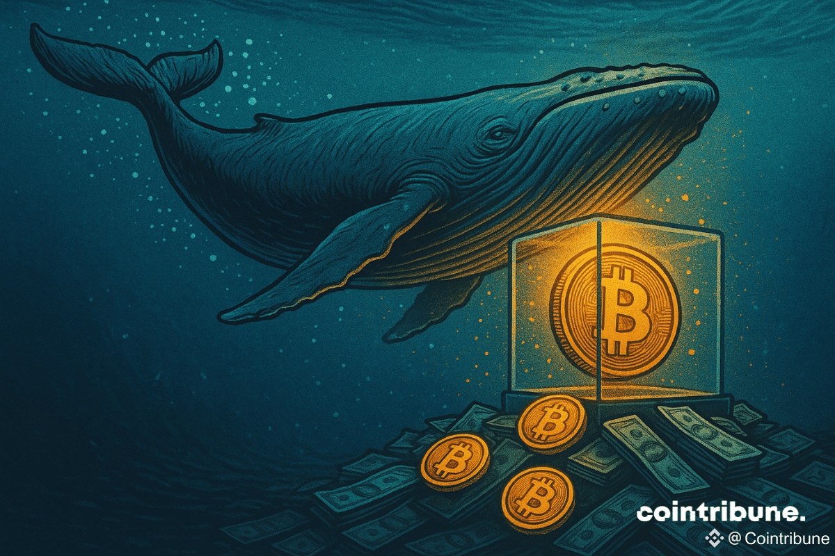 Illustration d'une baleine sous l'eau à côté d'un Bitcoin lumineux enfermé dans du verre, entouré de piles d'argent.