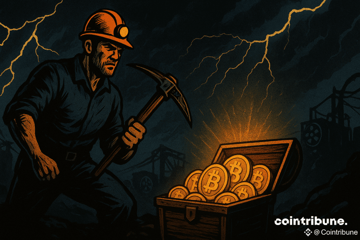 Un mineur déterminé affronte un orage électrique, brandissant sa pioche devant un coffre débordant de Bitcoins lumineux, ambiance dramatique.