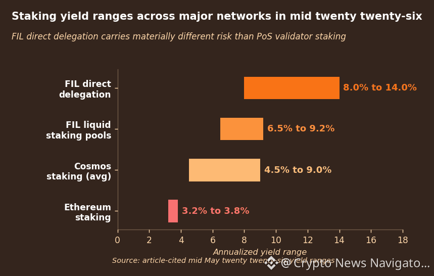 Bar chart comparing annualized staking yields across major networks in mid 2026. Ethereum staking offers 3.2% to 3.8%. Cosmos staking average offers 4.5% to 9%. Filecoin liquid staking pools offer 6.5% to 9.2%. Filecoin direct delegation offers 8% to 14%.