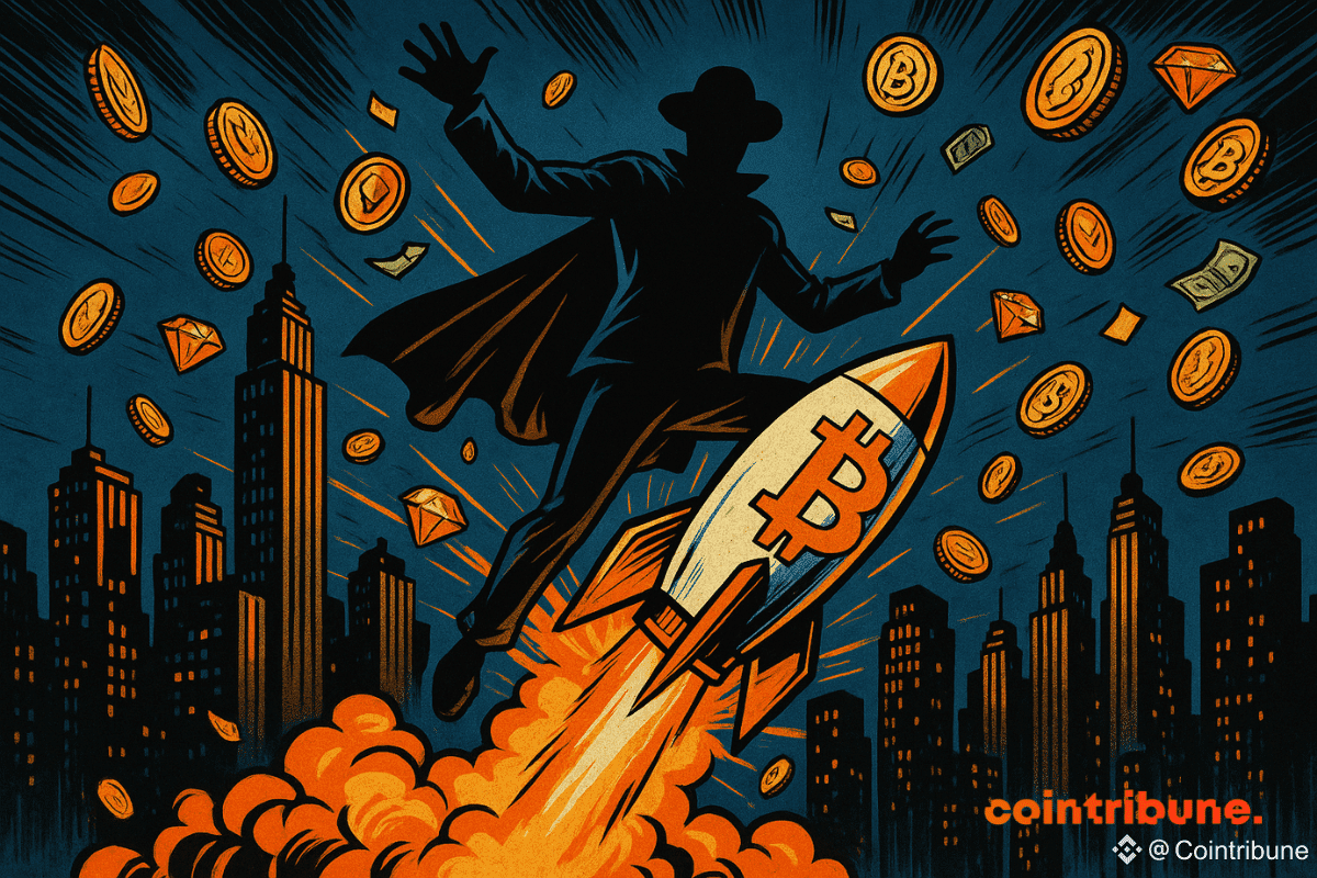 Un personnage mystérieux s'élève dans le ciel nocturne sur une fusée ornée du logo Bitcoin