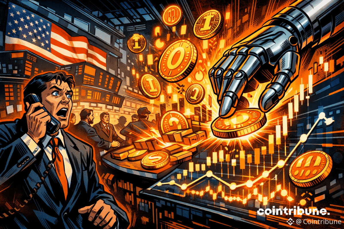 Illustration style comic représentant la tokenisation des marchés avec des pièces crypto et des graphiques financiers à Wall Street, symbolisant le partenariat entre Nasdaq et Payward pour connecter finance traditionnelle et blockchain.