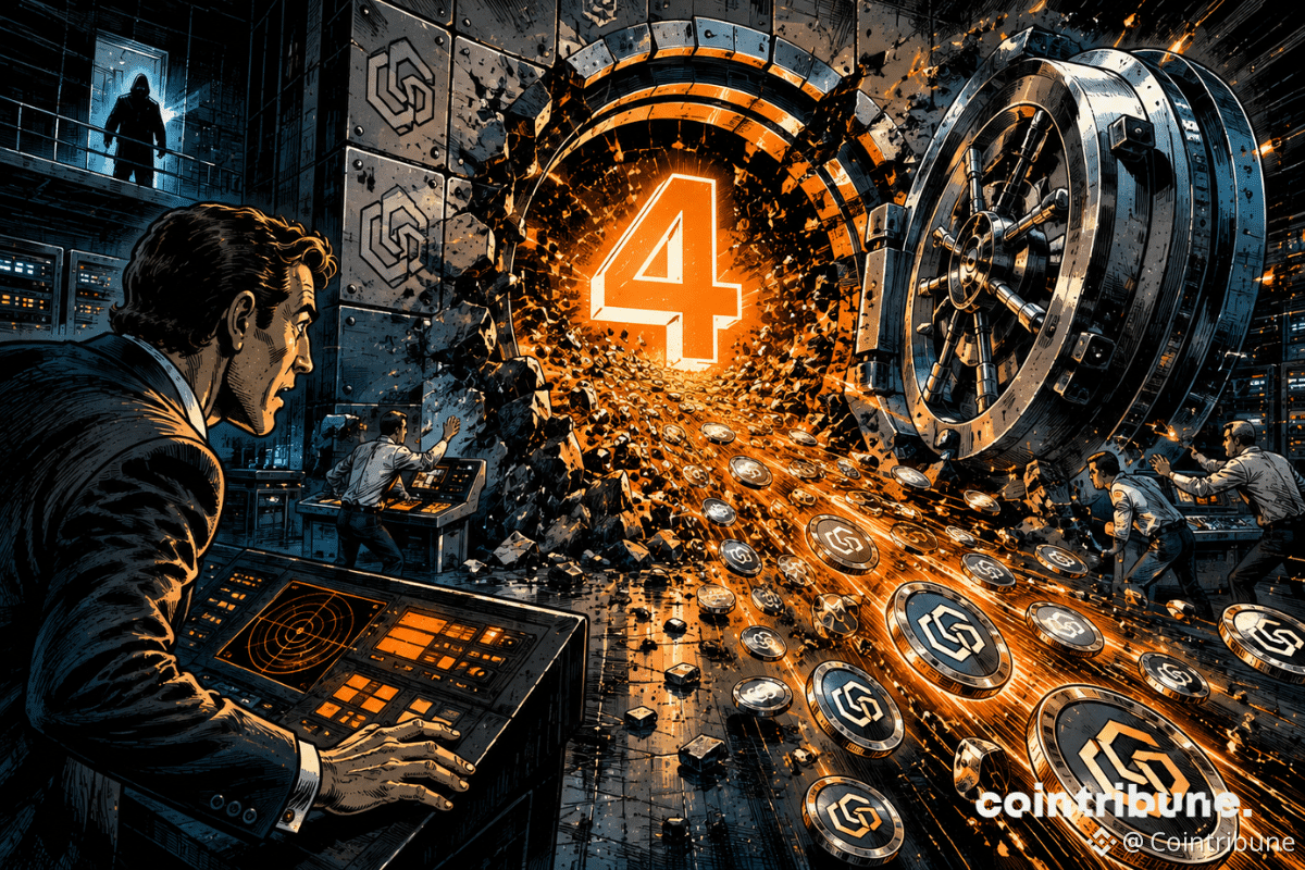 Un coffre crypto éventré laisse échapper des tokens tandis qu’un grand 4 lumineux symbolise l’ampleur de l’attaque.