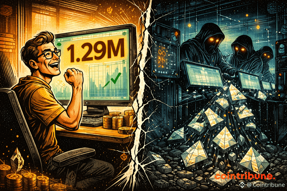 Un développeur euphorique célèbre un record, tandis qu’en secret, des figures sombres manipulent Ethereum dans l’ombre inquiétante.