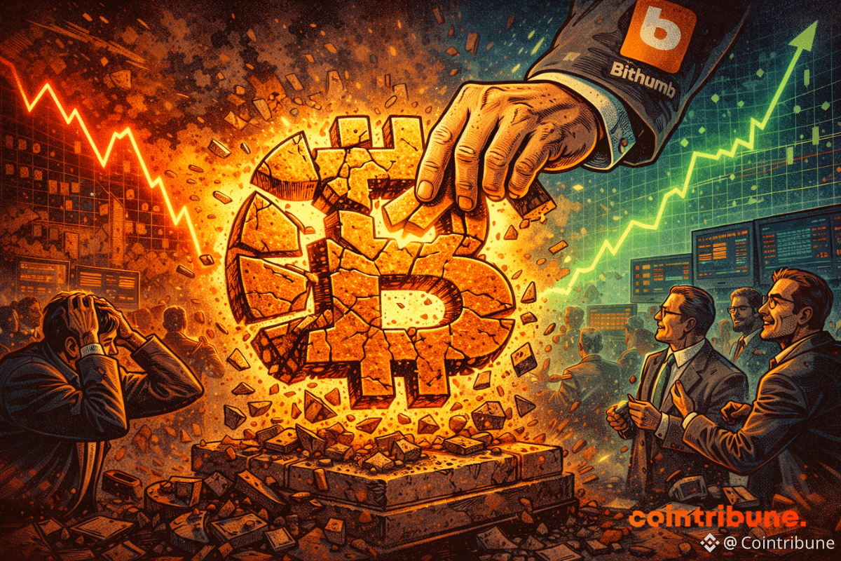 Bitcoin, fracturé, est réassemblé par une main Bithumb, tandis qu’un graphique stable rétablit lentement l’équilibre du marché.
