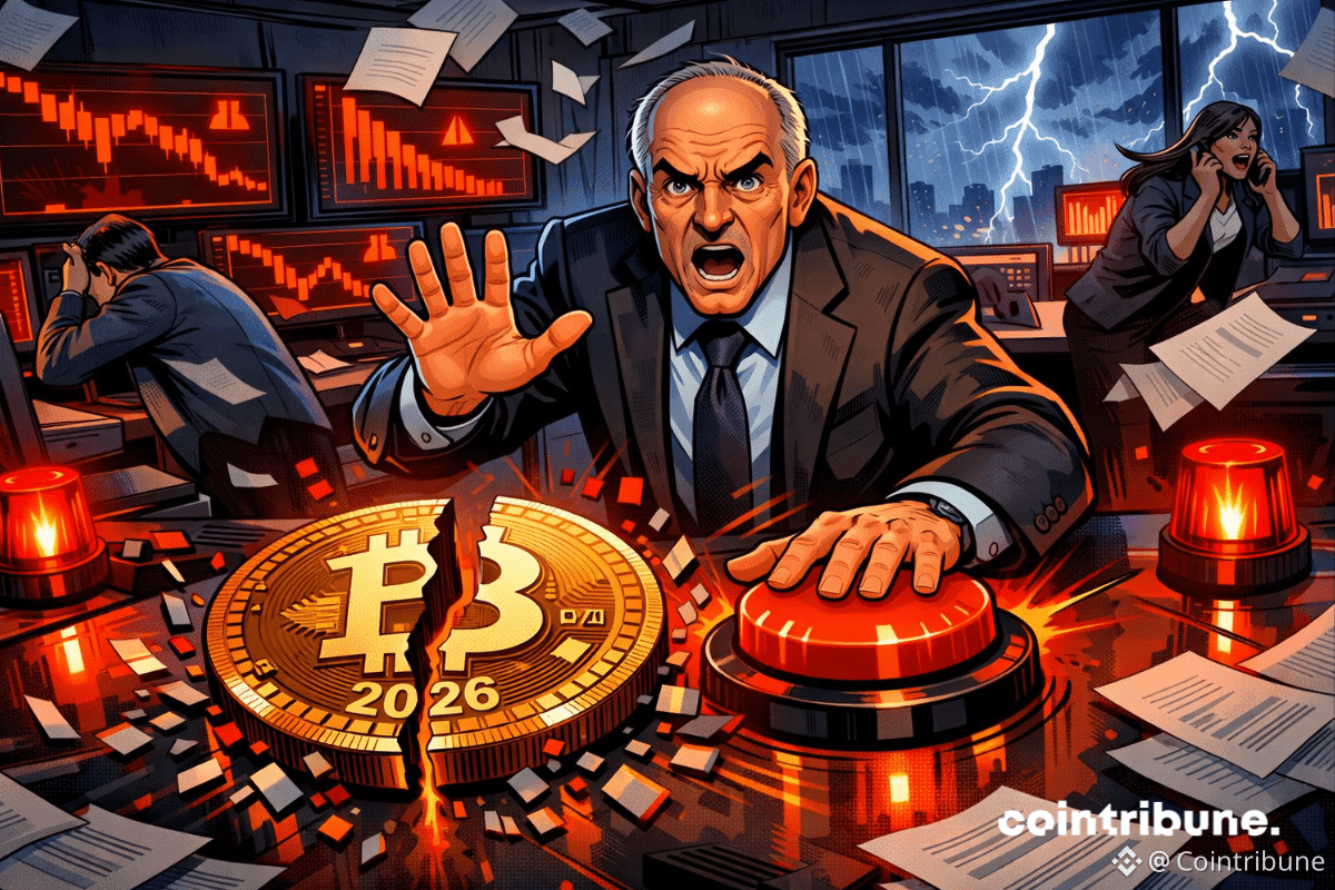 Un analyste financier alarmé appuie sur un bouton d'alerte rouge alors qu'un Bitcoin géant marqué « 2026 » se divise en deux, provoquant le chaos dans une salle de contrôle éclairée par la tempête.