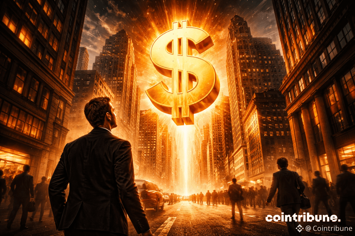 Un immense symbole dollar lumineux domine les immeubles sous le regard d’un trader de Wall Street.