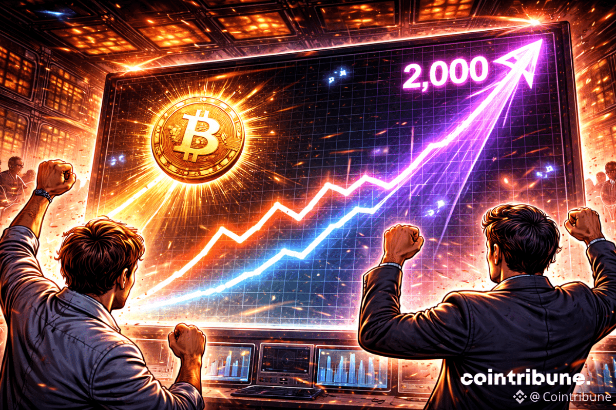 Un graphique ascendant avec le Bitcoin et l’Ether montant sur deux courbes distinctes, les niveaux « 70 000 » et « 2000 » illuminés.
