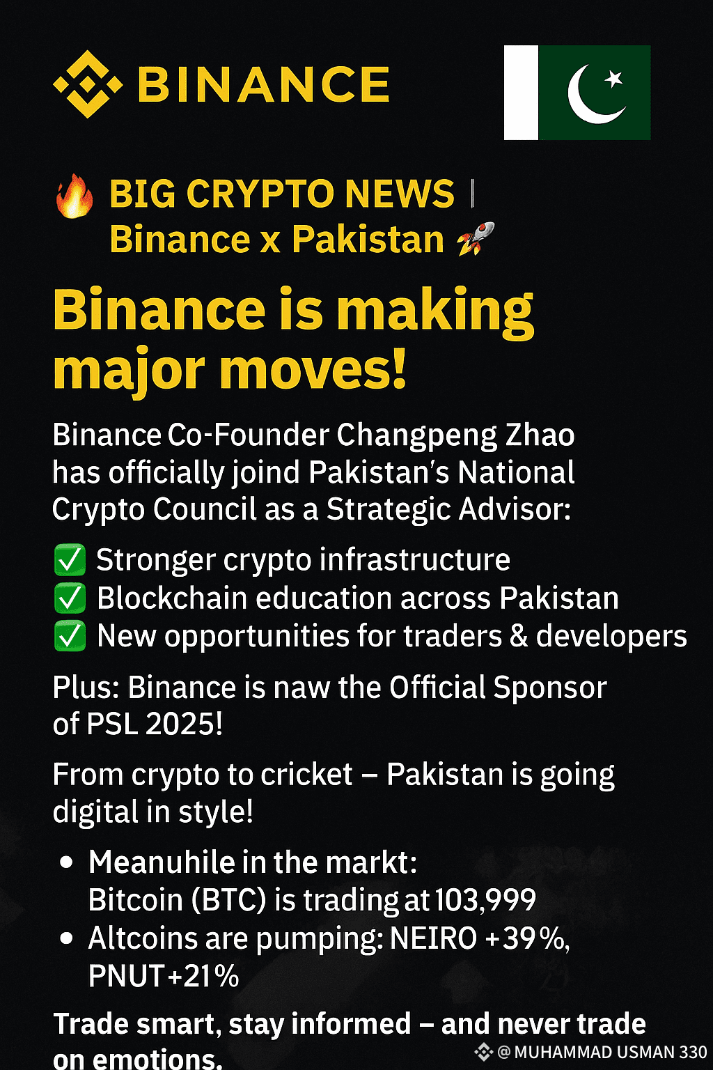 🔥 BIG CRYPTO NEWS | Binance x Pakistan 🇵🇰🚀 Binance is l | MUHAMMAD  USMAN 330 على Binance Square
