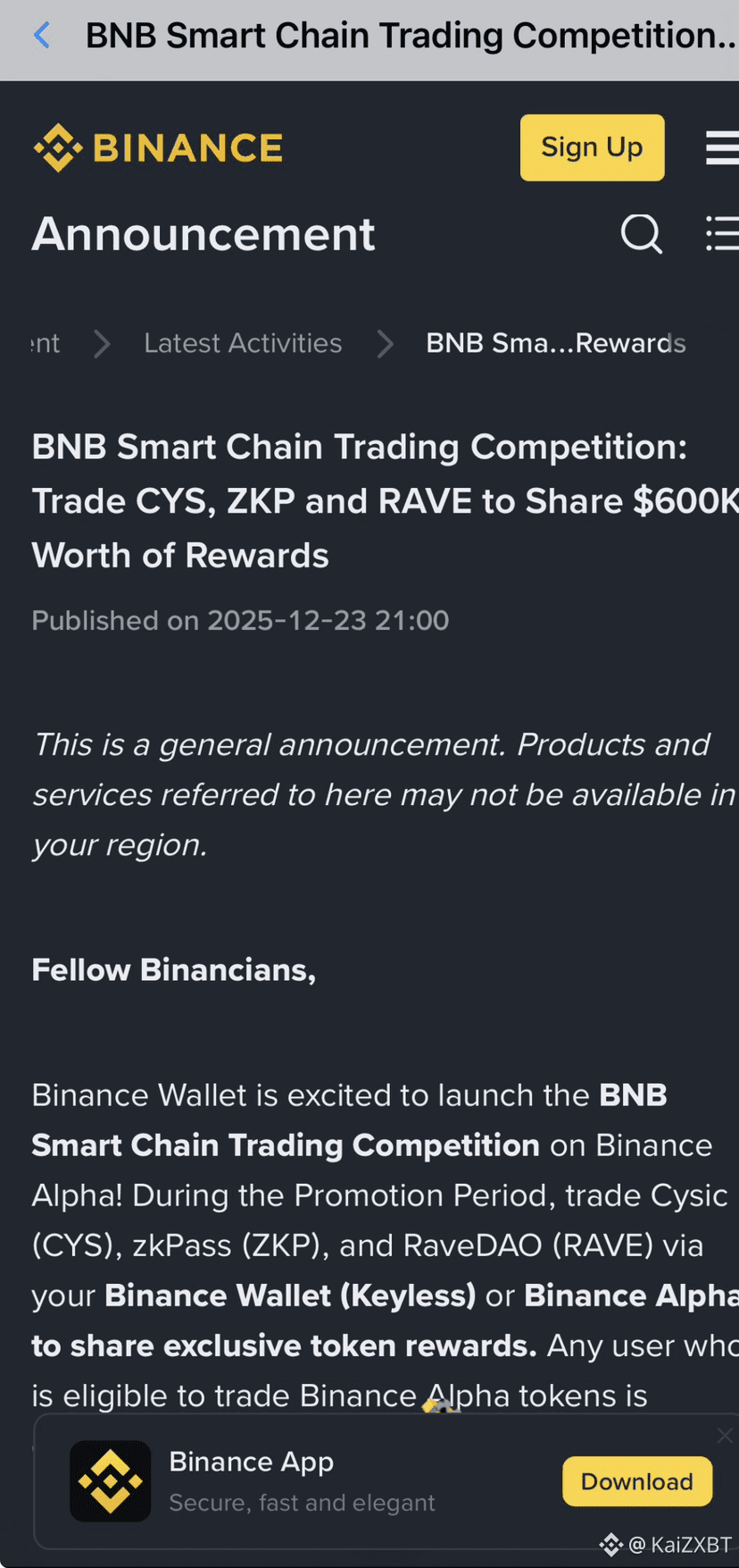 Binance has officially announced the BNB Smart Chain Trading | KaiZXBT ...