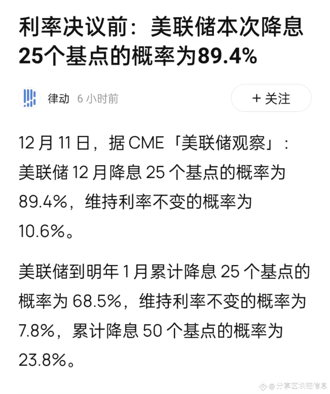 12 月11 日，据CME美联储观察：美联储12 月降息25 个基点的概率为89.4%，维持利率不变的概率为| 分享区块链信息on Binance  Square