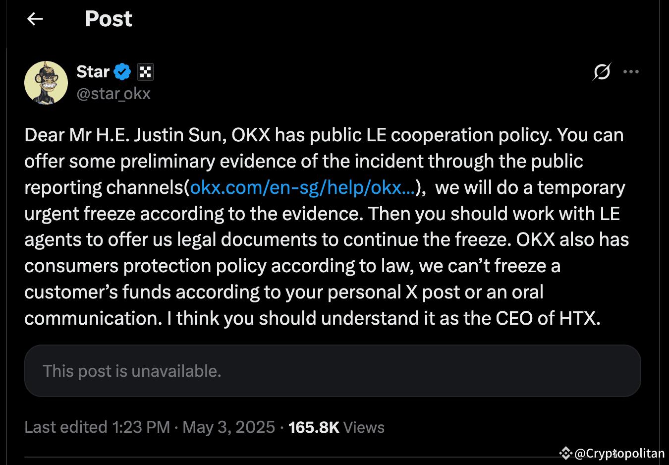 OKX hits back at Justin Sun over mysterious freeze notice.