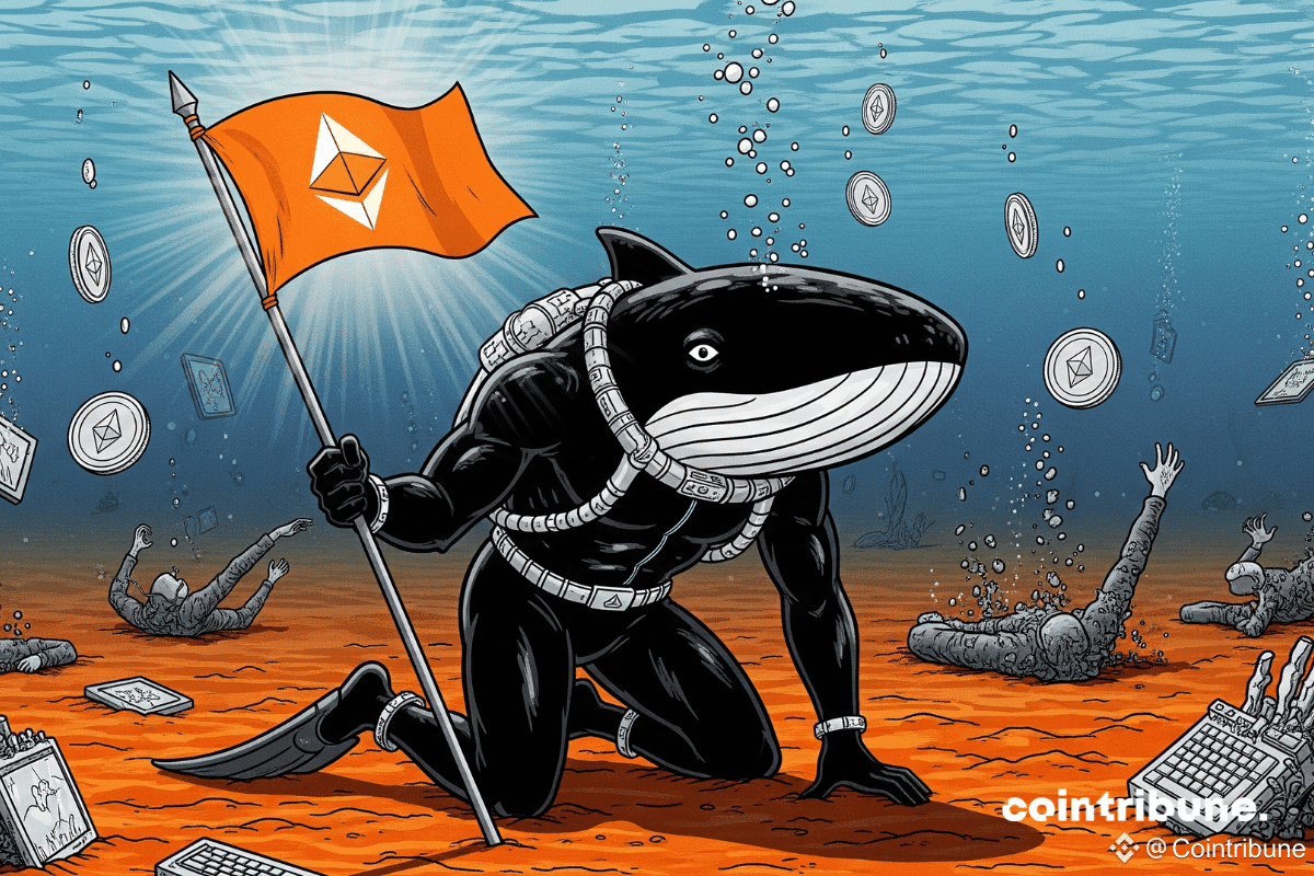 Une baleine stoïque tenant un drapeau Ethereum planté dans un sol fracturé