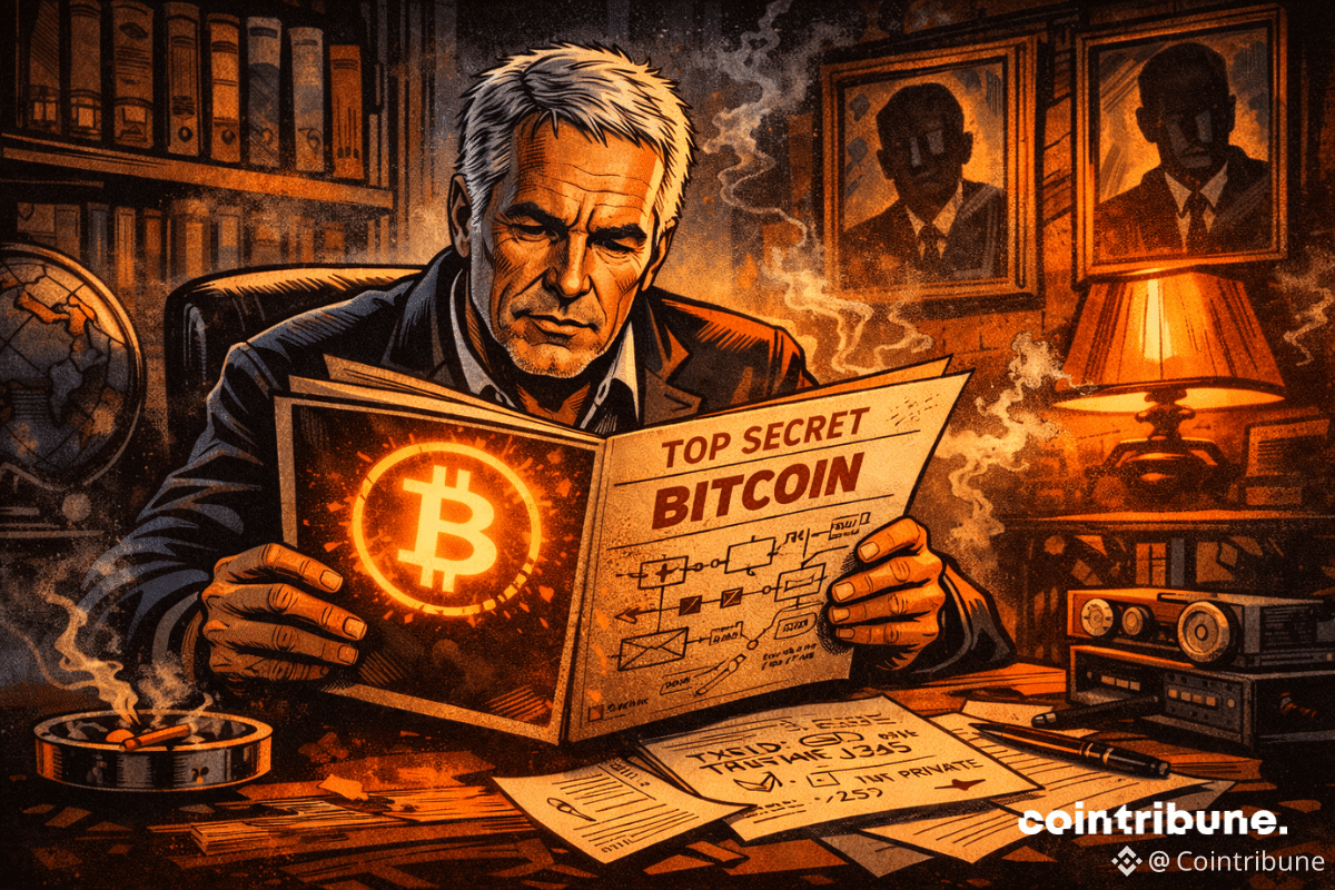 Epstein ouvre un dossier marqué “Bitcoin” dans une pièce sombre, entouré de symboles cryptiques et de figures anonymes inquiétantes.