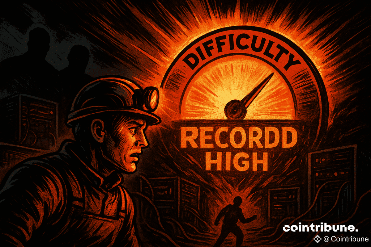 Un mineur de Bitcoin inquiet, coiffé d’un casque, fait face à une jauge lumineuse marquée “difficulté” au maximum, entouré de plateformes de minage et de silhouettes sombres menaçantes.