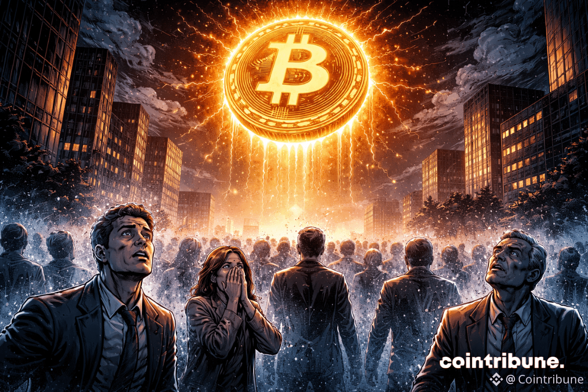Un énorme Bitcoin suspendu, entouré d’un halo instable, mais immobile, ce qui symbolise la domination de la peur extrême sur le marché crypto.