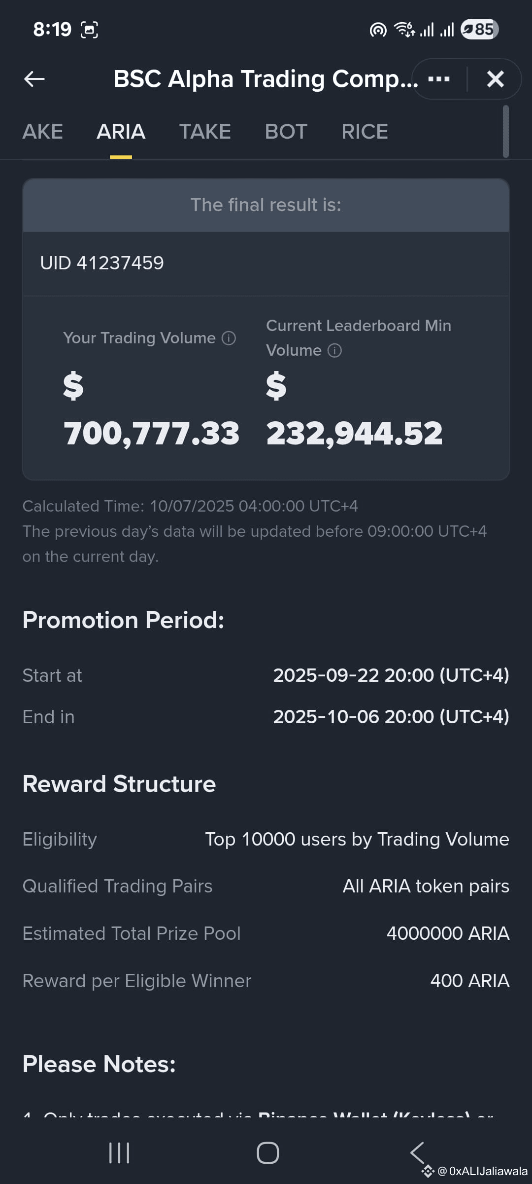 BOT $AKE $RICE $ARIA win all but profit only 50% of the t | 0xALIJaliawala  on Binance Square