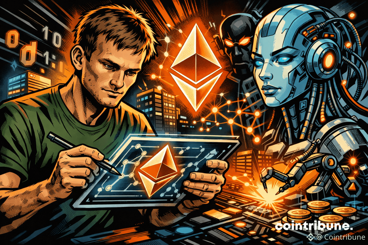 Vitalik Buterin travaillant sur une interface numérique Ethereum aux côtés d’une IA humanoïde, symbolisant la convergence entre blockchain et intelligence artificielle.