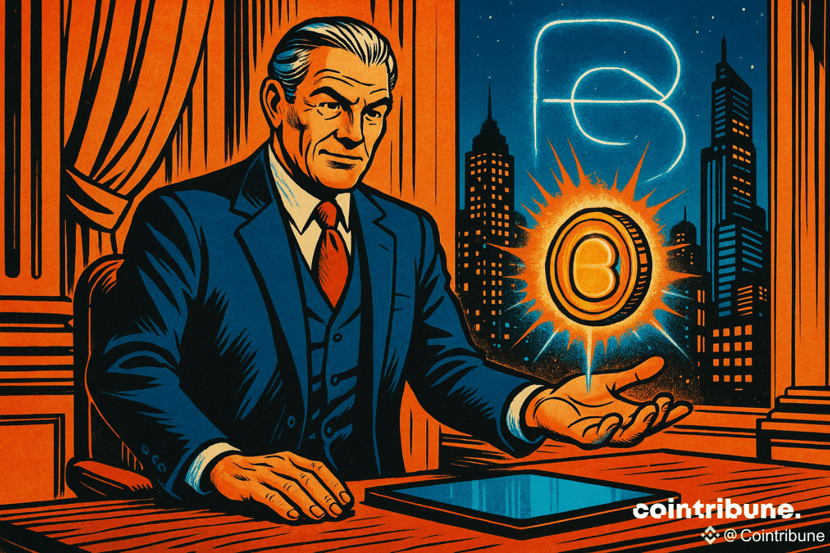 Un banquier charismatique de JPMorgan fait léviter un jeton blockchain lumineux au-dessus d’une tablette, dans un bureau luxueux surplombant une ville futuriste où s’illumine un « B » stylisé.