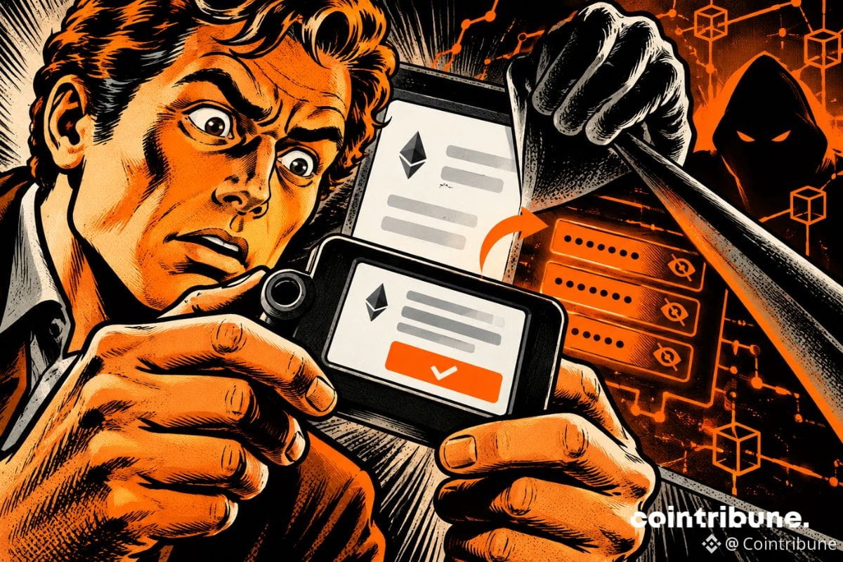 Illustration de style bande dessinée : un homme tient un portefeuille crypto dont l’écran n’affiche qu’une partie des informations de la transaction.