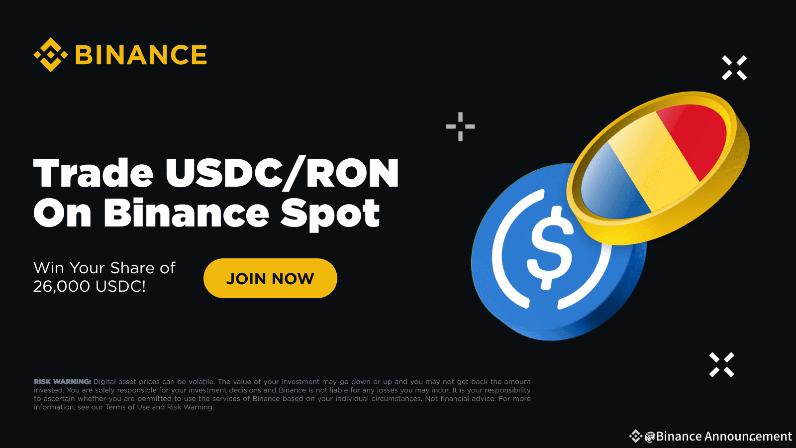 EEA Exclusive: Buy USDC with RON and Trade USDC/RON To Share 26,000 USDC |  Binance Announcement on Binance Square