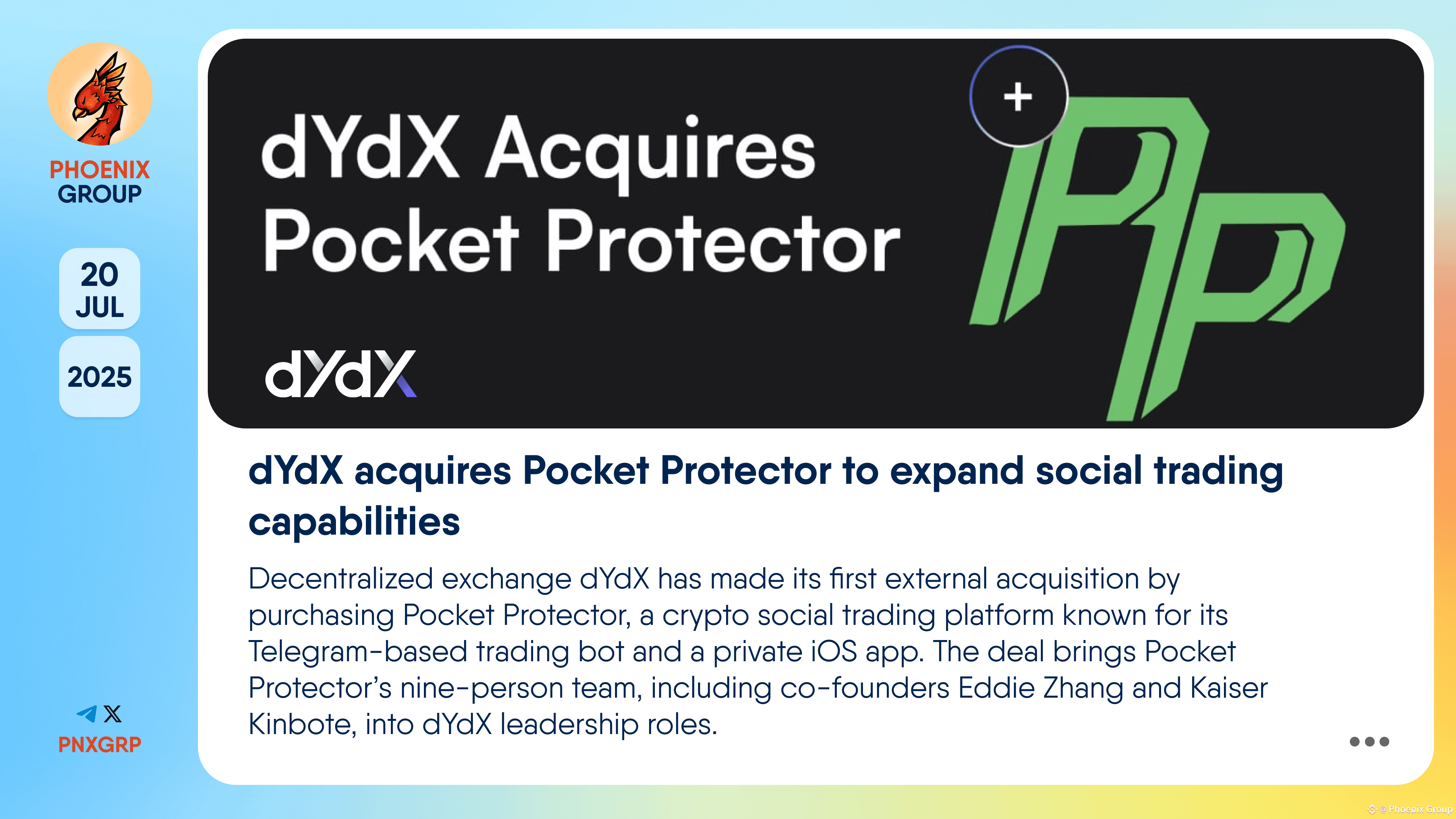 DYdX acquires Pocket Protector to expand social trading | Phoenix Group on  Binance Square