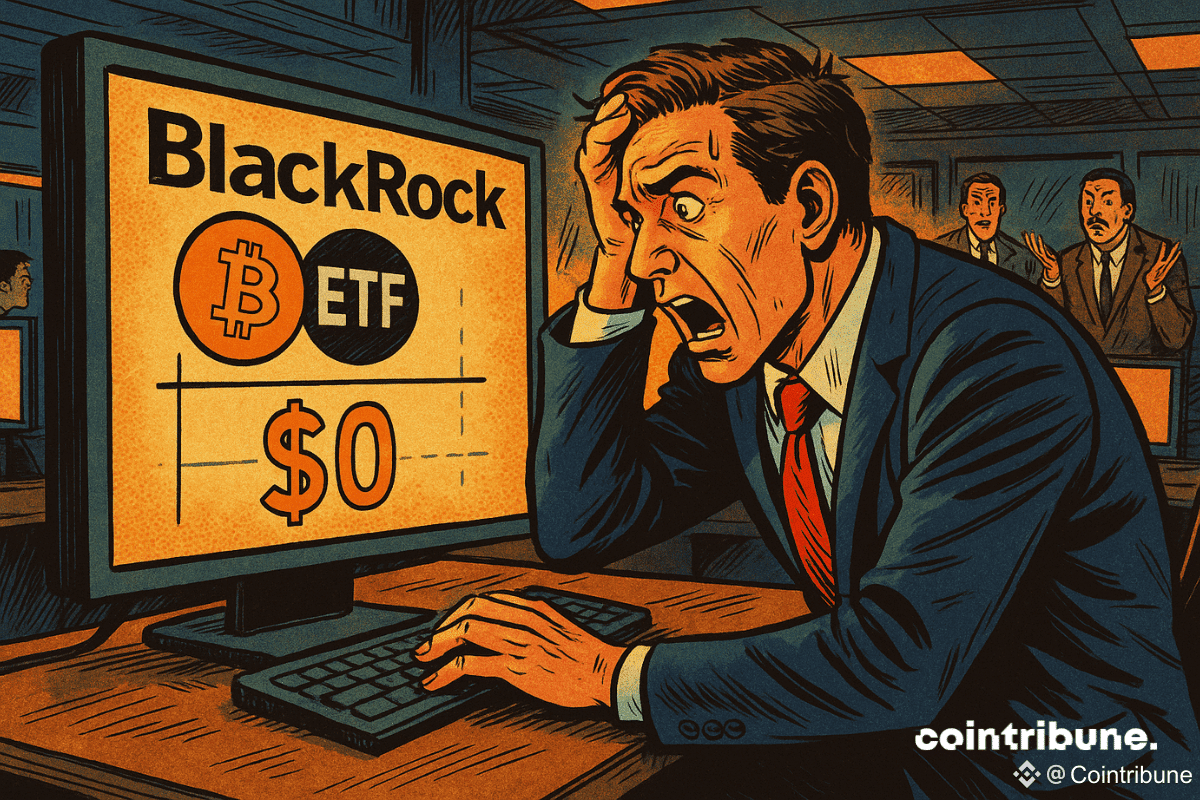 Illustration d'un trader qui fixe un écran d’ordinateur affichant le logo de BlackRock, un symbole Bitcoin, et la valeur “0 $”.