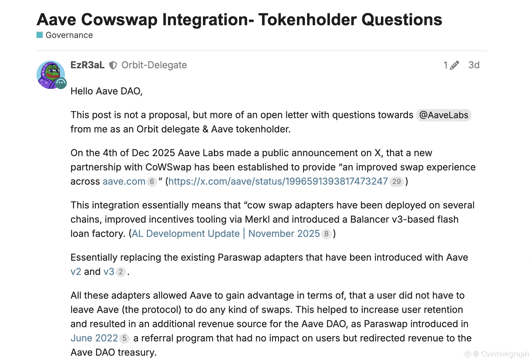 Firestorm erupts in Aave governance forum over CoW Swap fees |  Cointelegraph on Binance Square