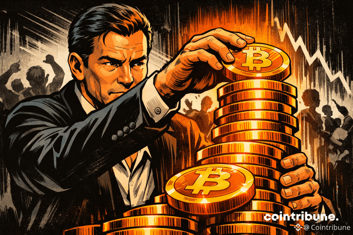 Homme stylisé empilant des bitcoins, chaos du marché derrière lui