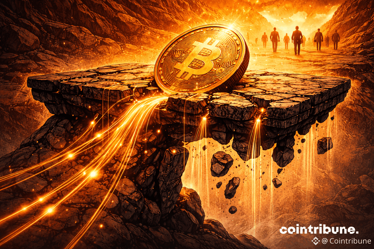 Un pont solide soutenant un Bitcoin commence à céder sur un côté. Des flux quittent la structure. Des silhouettes éloignées représentant des détenteurs long terme quittent la scène.