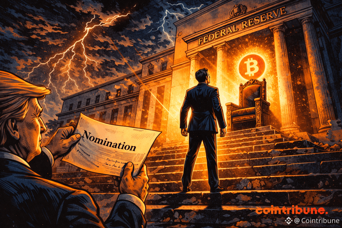 Kevin Warsh monte les marches de la Fed vers un trône vide, sous le regard de Trump et d’un Bitcoin suspendu.