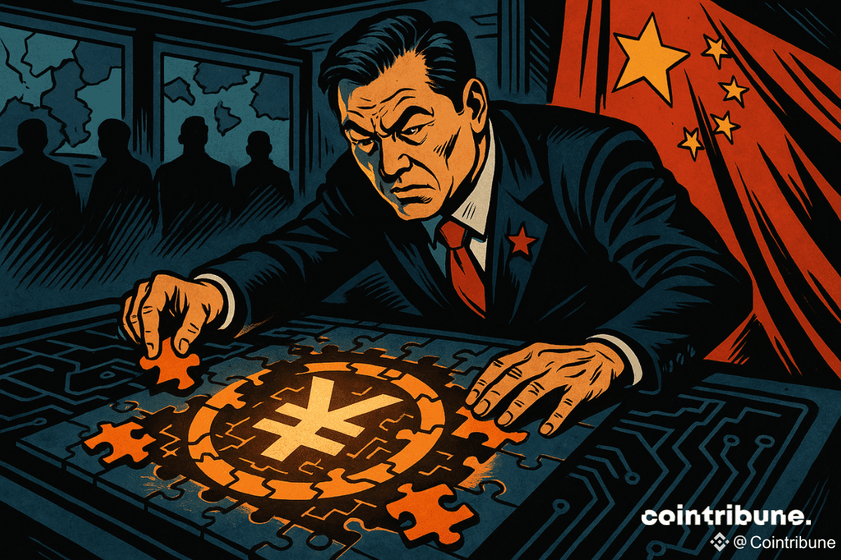 Un haut fonctionnaire de la Chine assemble un puzzle numérique lumineux en forme de stablecoins yuan, sous le regard de silhouettes mystérieuses, dans une salle de contrôle sous tension géopolitique.