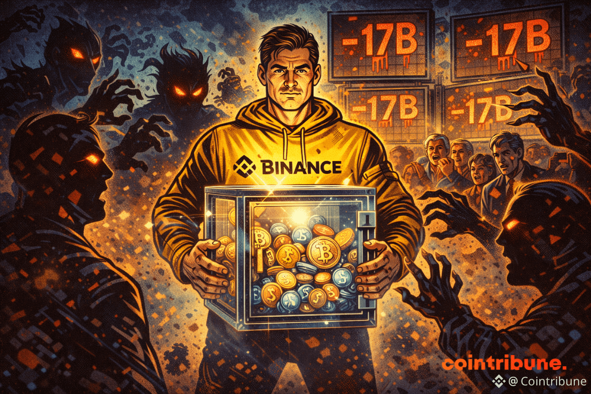 Binance brandit un coffre transparent rempli de cryptos, repoussant des ombres menaçantes tandis qu’un écran affiche -17B en rouge.