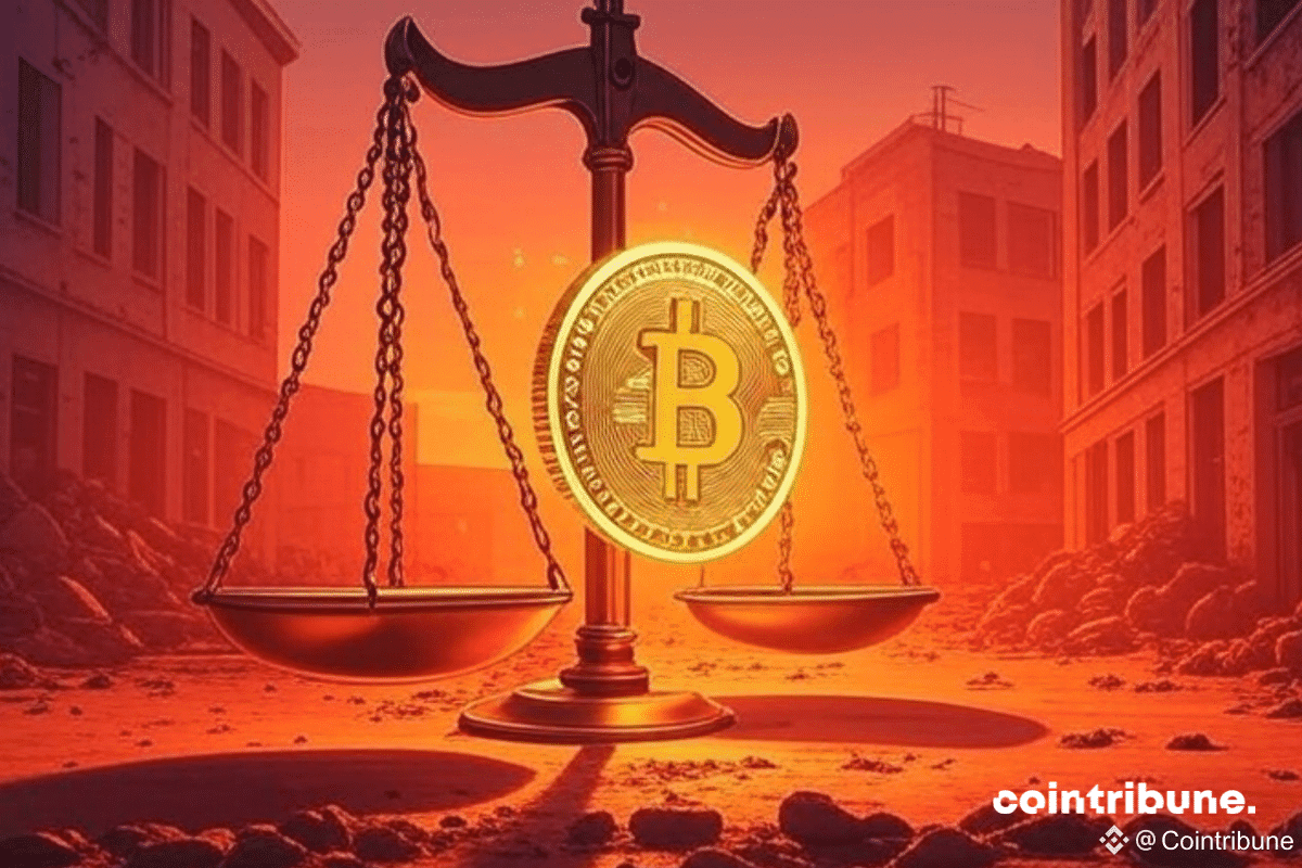 Une balance géante, style antique, domine une place urbaine dévastée. Au-dessus de la balance, un symbole Bitcoin en 3D, brillant d'un orange-doré intense, est intégré comme pivot. Les deux plateaux de la balance sont vides, mais l'atmosphère est saturée d'une lumière orange vive, créant un contraste saisissant avec le fond gritty d'une ville en ruines. Le style évoque les comics des années 1970, avec des traits d'encrage forts et une composition dynamique.