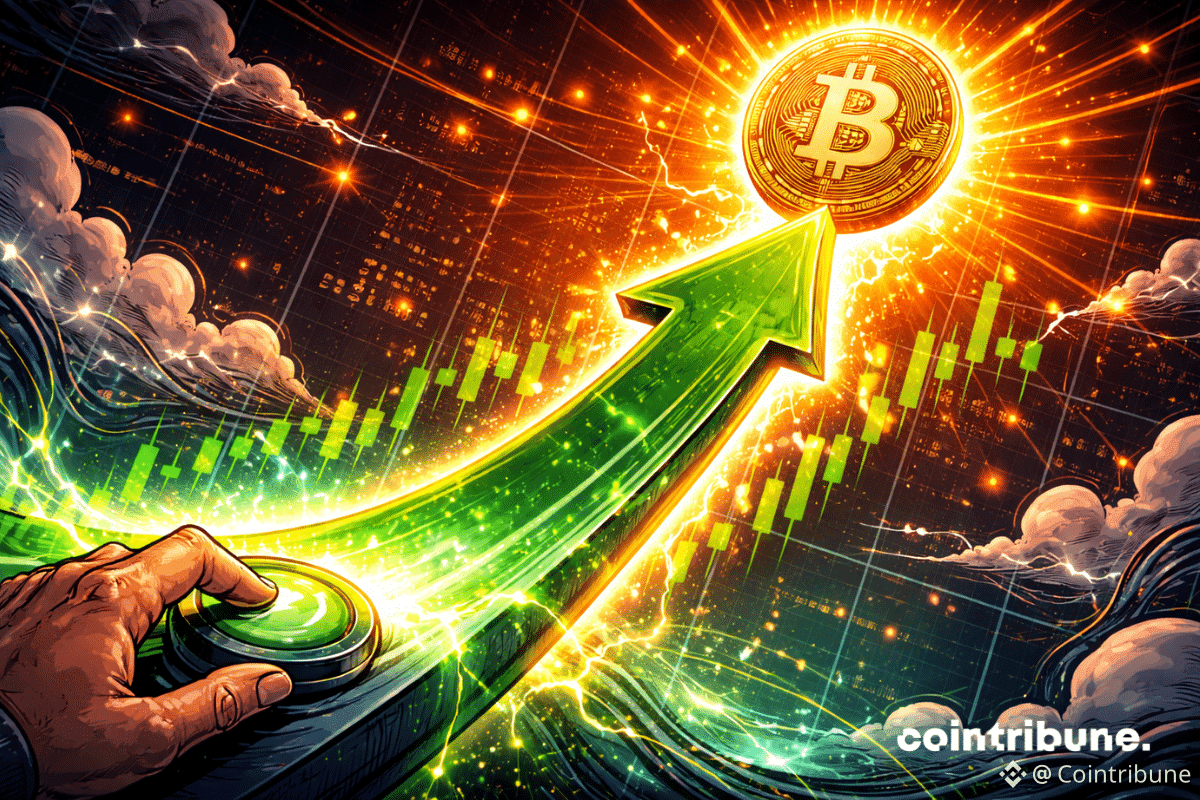 Zoom sur un graphique sur lequel des chandeliers verts se transforment en une flèche géante pointant une pièce Bitcoin. Un trader tend la main pour appuyer sur un bouton ou un écran.