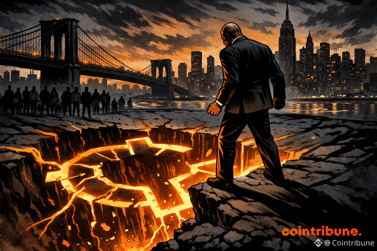 NYC Token est symbolisé par un abîme lumineux en forme de cryptomonnaie, au bord duquel un homme politique en costume hésite, tandis que des fissures orange se propagent sous le ciel sombre de New York.