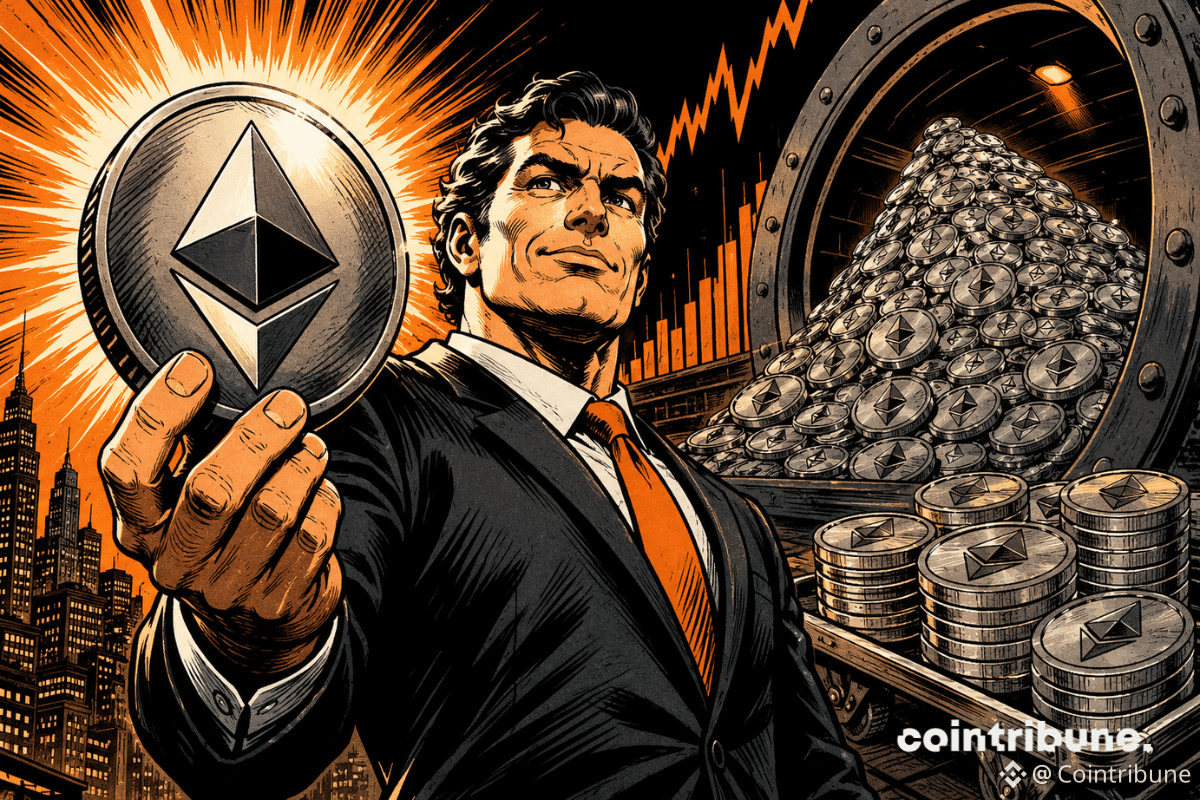 Ethereum et BitMine : un investisseur présente une pièce d’ETH devant une réserve massive d’Ethereum, illustrant l’accumulation de cryptomonnaies.